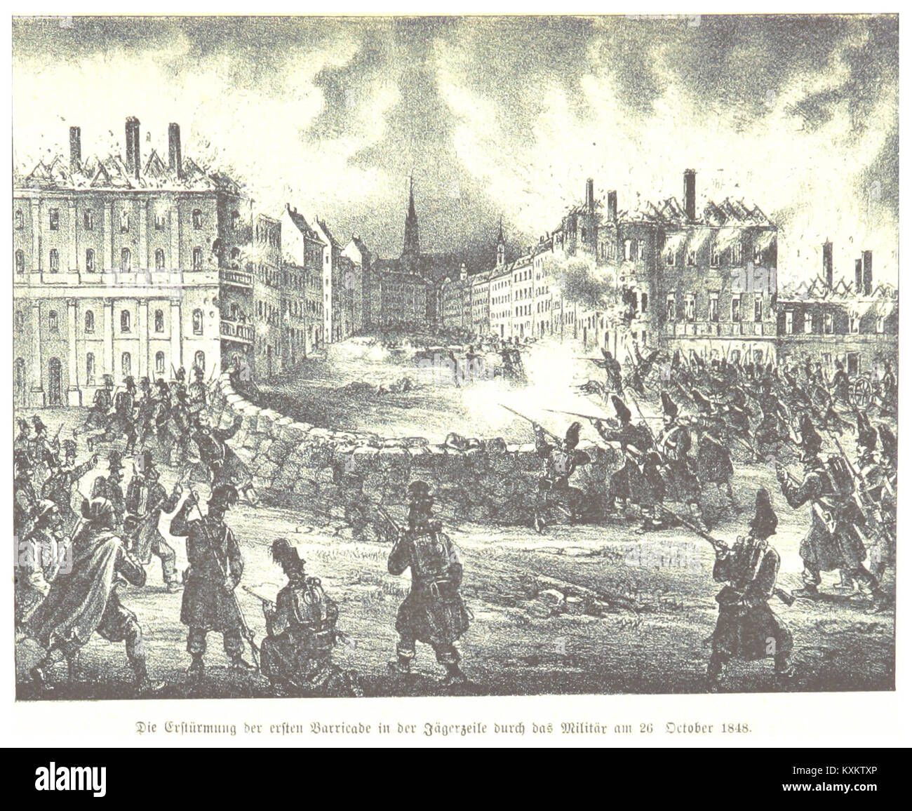 Cette illustration de 1848 montre la prise de la première barricade sur Jägerzeile, en Autriche, capturant les soulèvements révolutionnaires et les conflits urbains pendant cette période. Banque D'Images