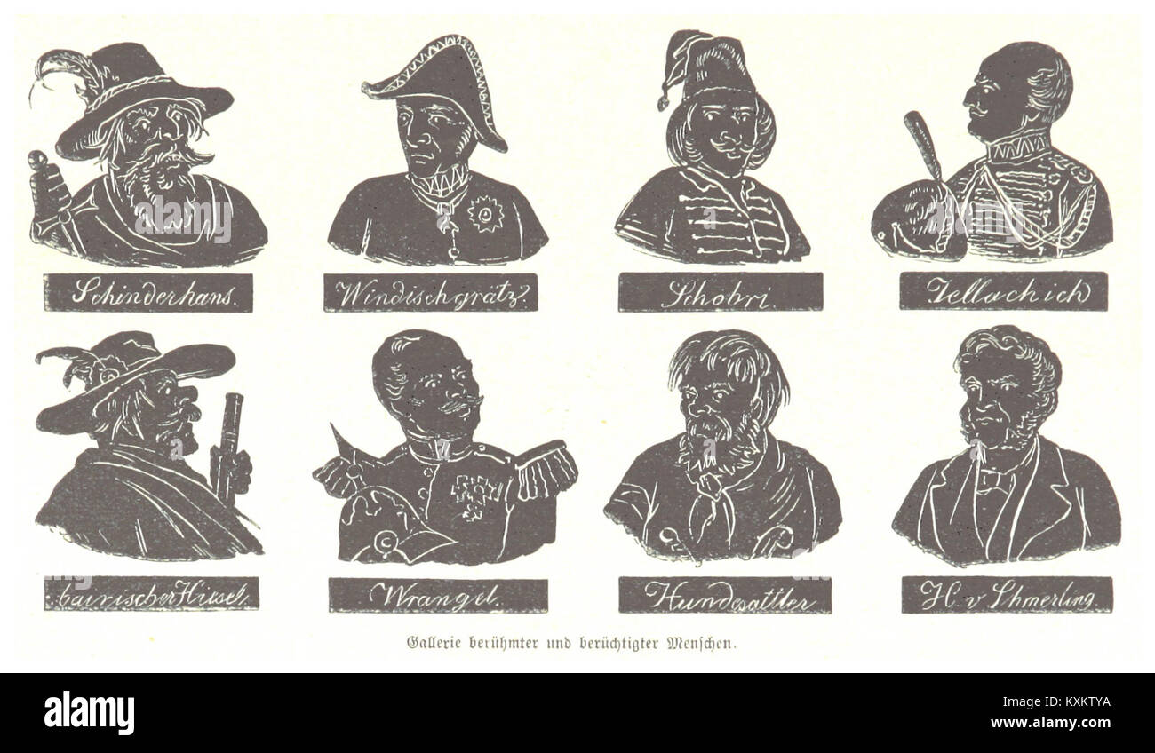 Une illustration caricaturale de 1898, intitulée « Galerie berühmter und berüchtigter Menschen », représentant des individus célèbres et infâmes d'une manière satirique. Banque D'Images