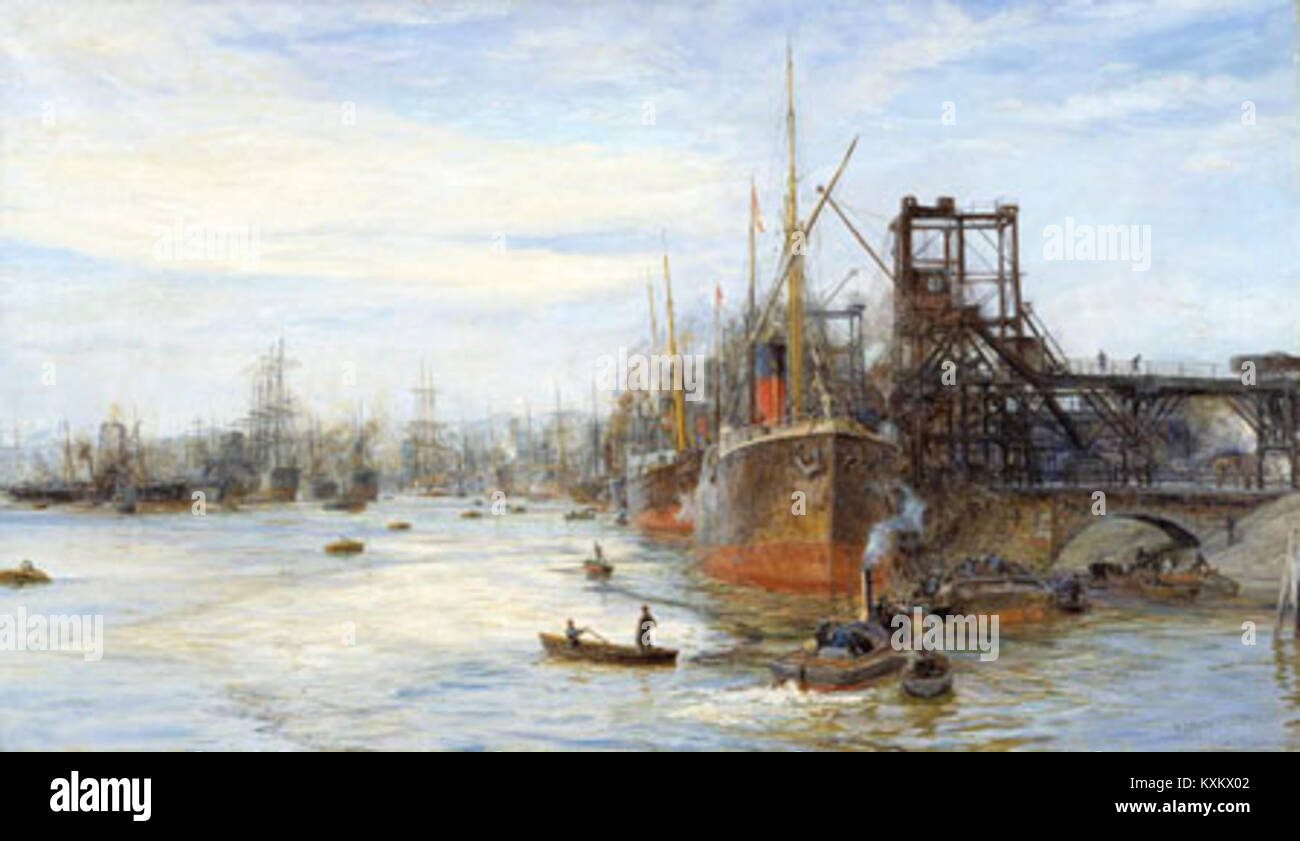 Cette peinture de 1900 de William Lionel Wyllie représente les docks de Barry dans le sud du pays de Galles, capturant l'activité maritime animée et le paysage industriel de l'époque, offrant un aperçu de l'histoire économique et industrielle du pays de Galles. Banque D'Images