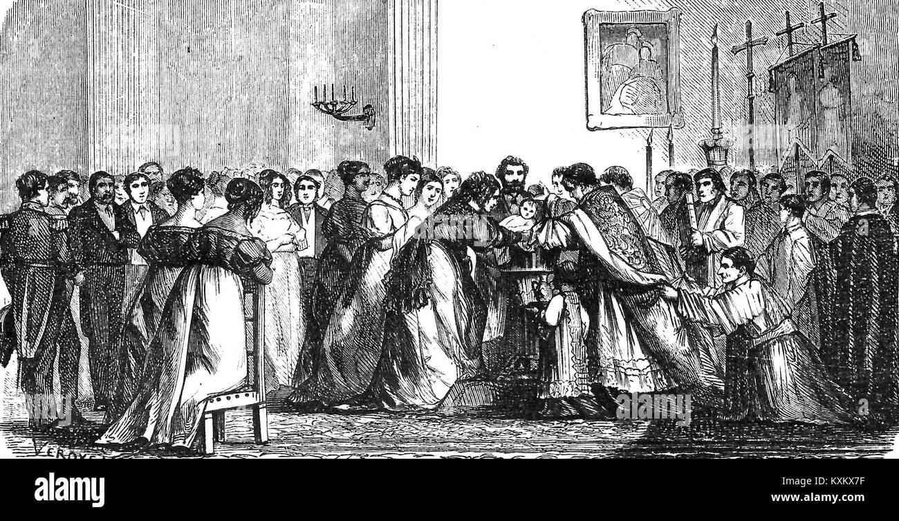 Baptême du futur roi Léopold II de Belgique le 26 avril 1835, soulignant la cérémonie royale, le cadre de l'église et l'importance historique. Banque D'Images