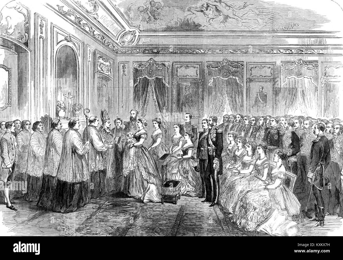 Le baptême du Prince Baudouin de Belgique a eu lieu le 26 juin 1869 au Palais de la Régence à Bruxelles. Cet événement fut une cérémonie royale importante en Belgique, marquant l'héritier du trône belge. Banque D'Images