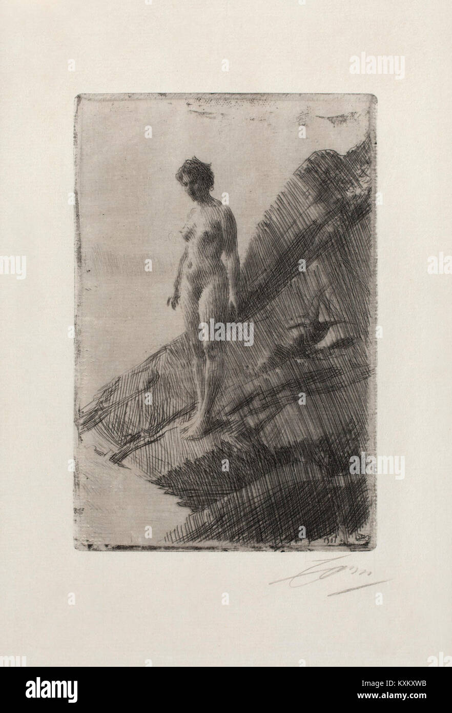 Edö (1907) de l'artiste suédois Anders Zorn est une gravure sur papier déposé de l'île suédoise de Edö montrant le paysage et les caractéristiques côtières en fines lignes et variations tonales. Banque D'Images