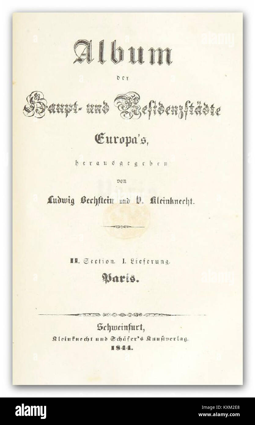 Illustration tirée de l'album de Bechstein de 1844 représentant Paris, mettant en valeur l'architecture, les rues et les scènes urbaines des capitales européennes. Banque D'Images