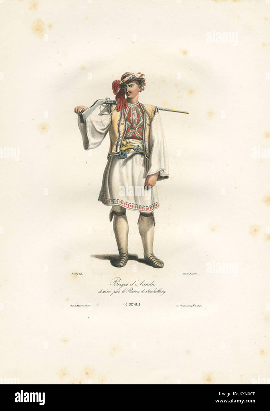 Berger d'Arcadie est une lithographie d'Otto Magnus von Stackelberg, publiée en 1828. Il représente des bergers grecs, mettant en valeur les vêtements traditionnels et la vie rurale dans la Grèce du XIXe siècle. Banque D'Images