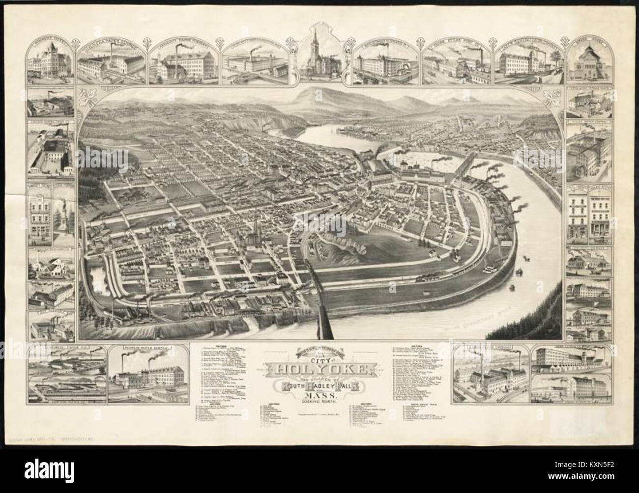 Une vue d'oiseau de la ville de Holyoke et du village de South Hadley Falls, Massachusetts, vers le nord, montrant l'aménagement urbain, les rivières, rues et géographie environnante. Banque D'Images