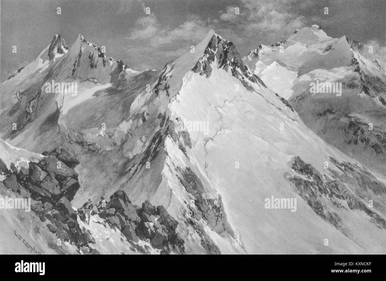 Cette photographie de 1904 montre la crête du Nadelgrat depuis le Dürrhorn, capturant les sommets distinctifs du Nadelhorn, du Stecknadelhorn, du Hohberghorn et du Dom dans les Alpes suisses, mettant en valeur la beauté sauvage de la région. Banque D'Images
