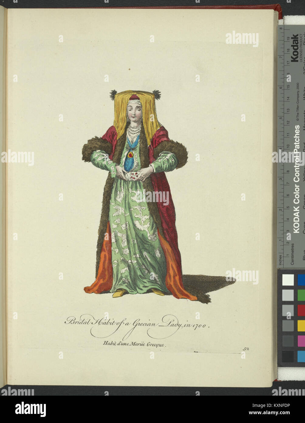 Cette illustration de 1700 représente la tenue nuptiale d'une femme grecque, montrant les vêtements d'époque et les coutumes vestimentaires cérémonielles. Banque D'Images