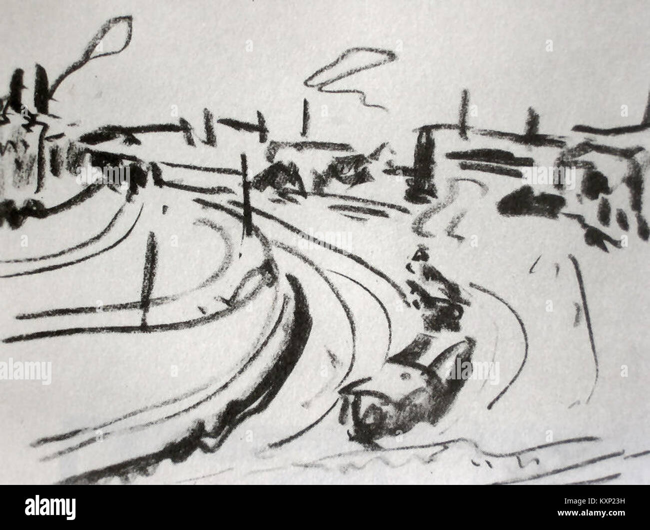 Une peinture de l'artiste allemand Ernst Ludwig Kirchner intitulée « Bahngelände in Dresde », représentant un paysage urbain qui capture l'ambiance de l'expressionnisme allemand moderne. Banque D'Images