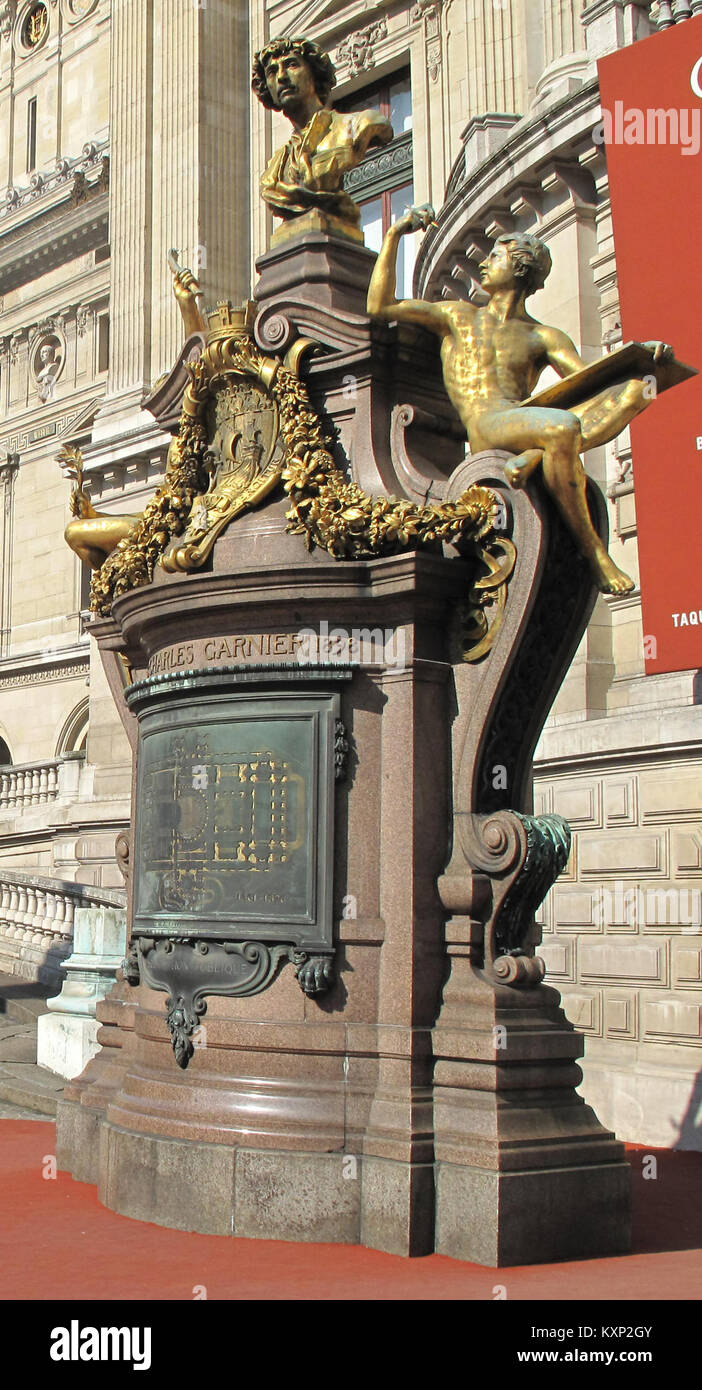 Cette image montre un détail du monument à Charles Garnier, architecte du Palais Garnier à Paris, situé sur la rampe nord de l'opéra. Le monument a été conçu par Jean-Louis Pascal et inauguré en 1902. Banque D'Images