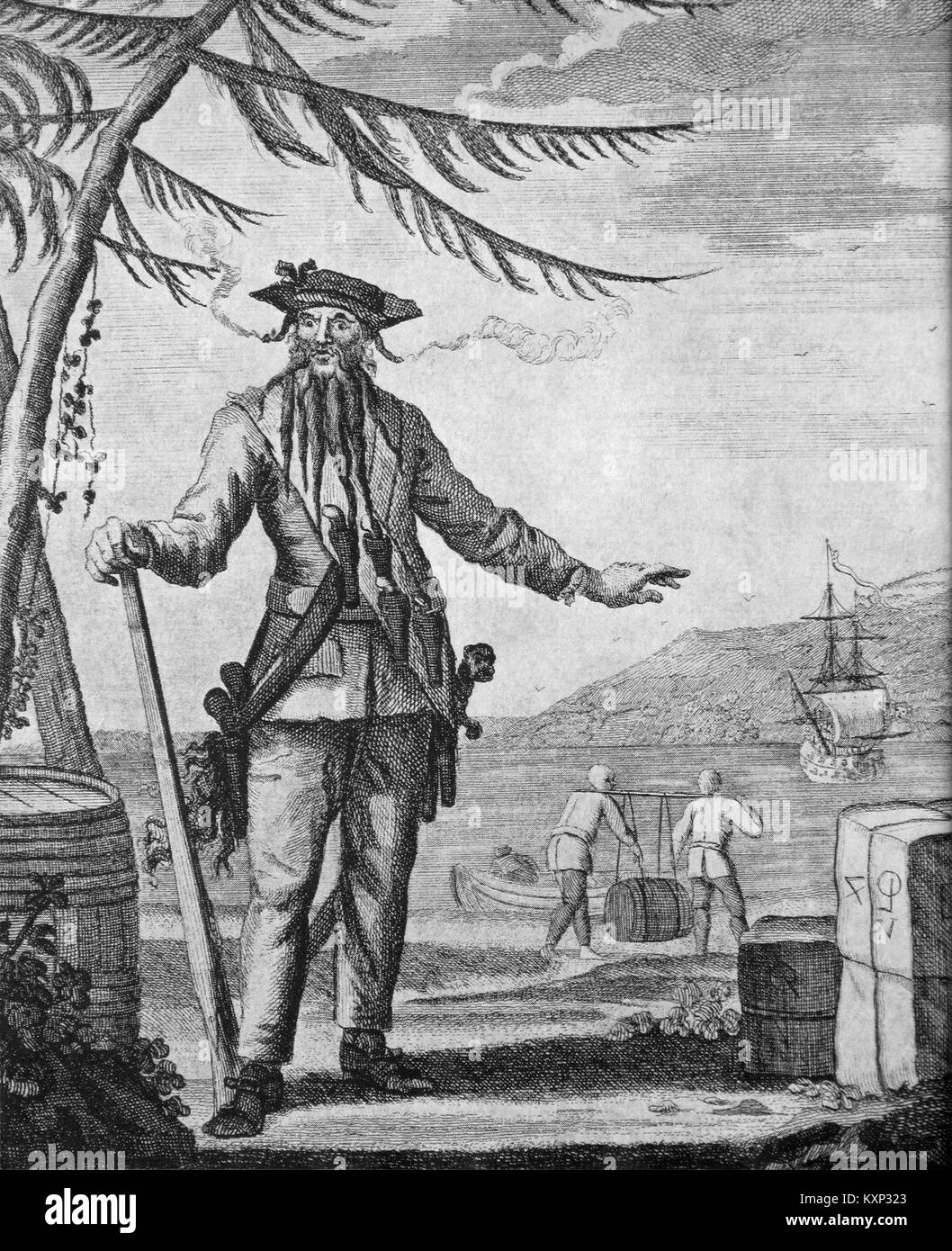 Edward Teach, connu sous le nom de Barbe Noire, était un pirate anglais actif au début du XVIIIe siècle. Il opère autour des Antilles et des colonies de l'est de l'Amérique du Nord, commandant le navire Queen Anne's Revenge. Teach est tué en 1718 lors d'une bataille avec les forces navales britanniques au large des côtes de Caroline du Nord. Banque D'Images
