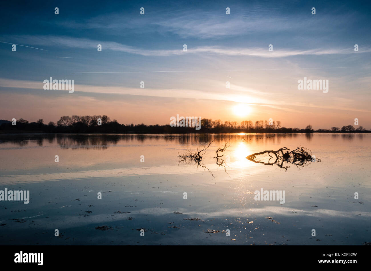 Magnifique coucher de soleil au début de l'macrh à réservoir Wilstone en Hertfordshire, Angleterre, maintenant une réserve naturelle. Banque D'Images