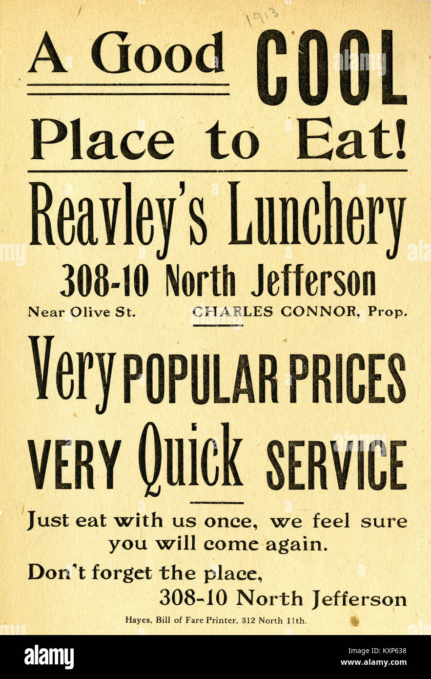 Une circulaire de 1913 pour Reavley’s Lunchery au 308-310 North Jefferson, réunissant Louis, documente la publicité commerciale du début du XXe siècle et les pratiques commerciales locales aux États-Unis. Banque D'Images