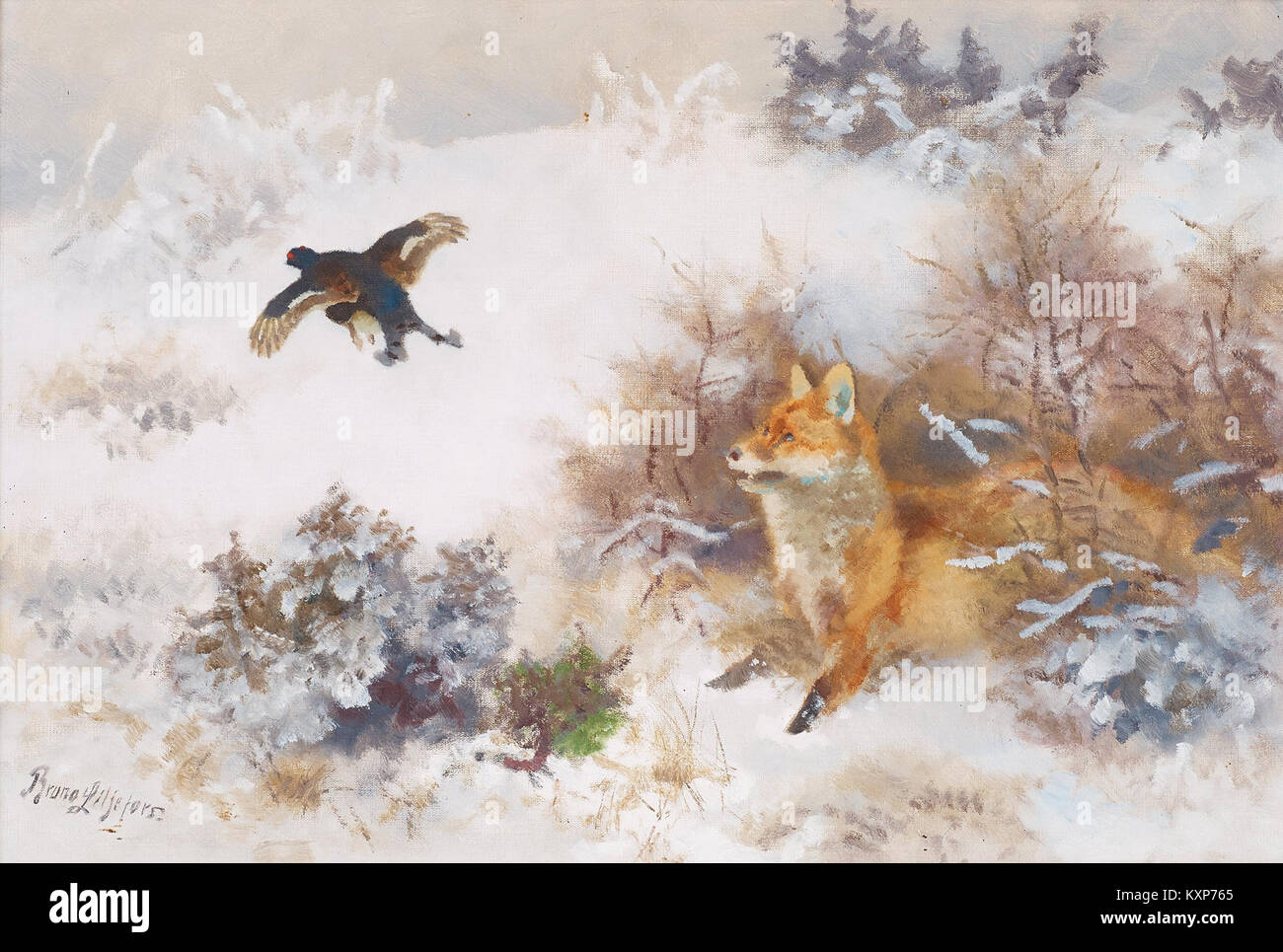 La peinture de Bruno Liljefors 'Vinterlandskap Med räv och orre' représente un paysage hivernal avec un renard et un tétras dans leur habitat naturel, mettant en valeur une faune réaliste Banque D'Images