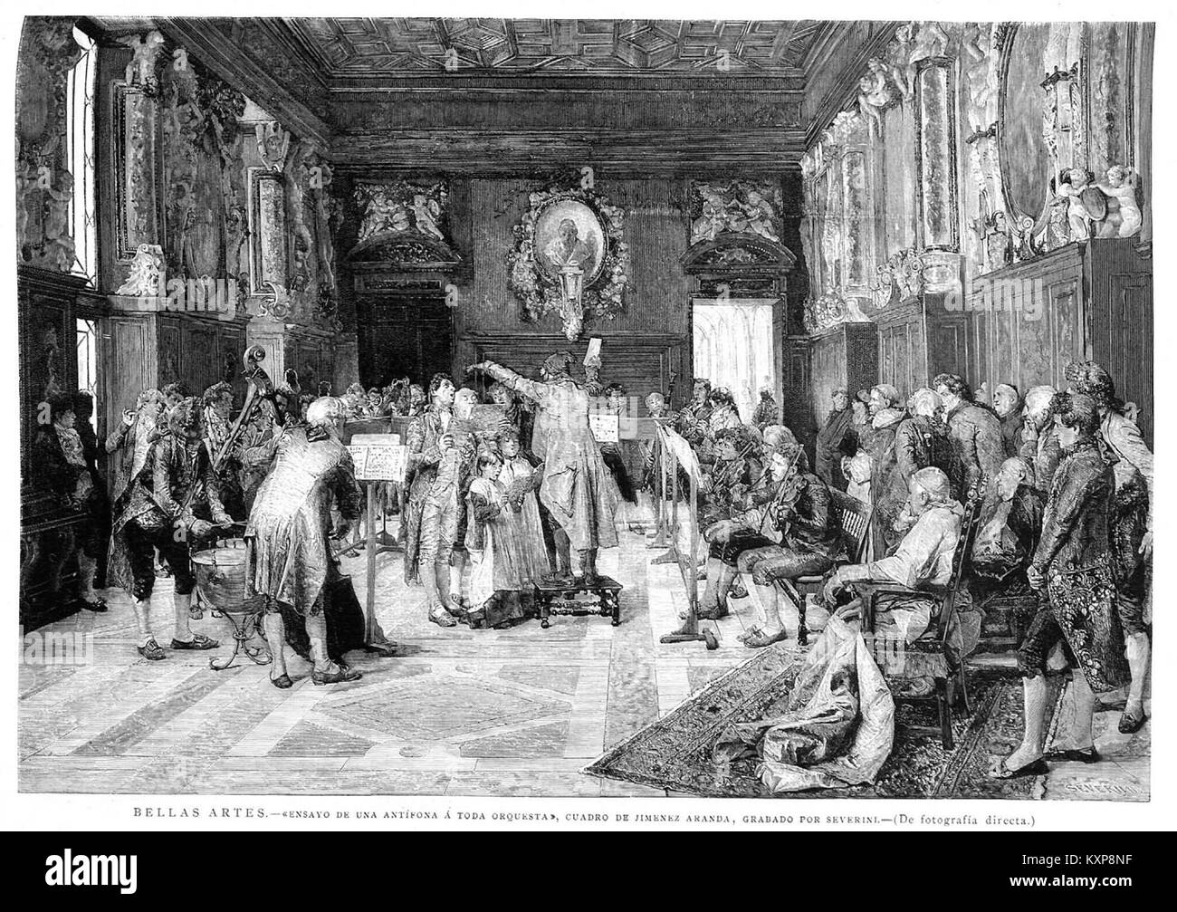 Une peinture de Jiménez Aranda intitulée « Ensayo de una antífona a toda orquesta » (1884), représentant une répétition d’une antiphon sacrée exécutée par un orchestre complet. Banque D'Images