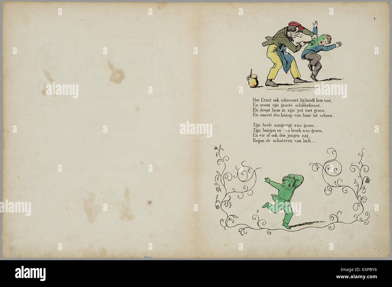 Une illustration du livre néerlandais pour enfants 'een nieuw aardig prentenboek', une suite de 'Der Struwwelpeter', avec des contes moraux pour enfants. Banque D'Images