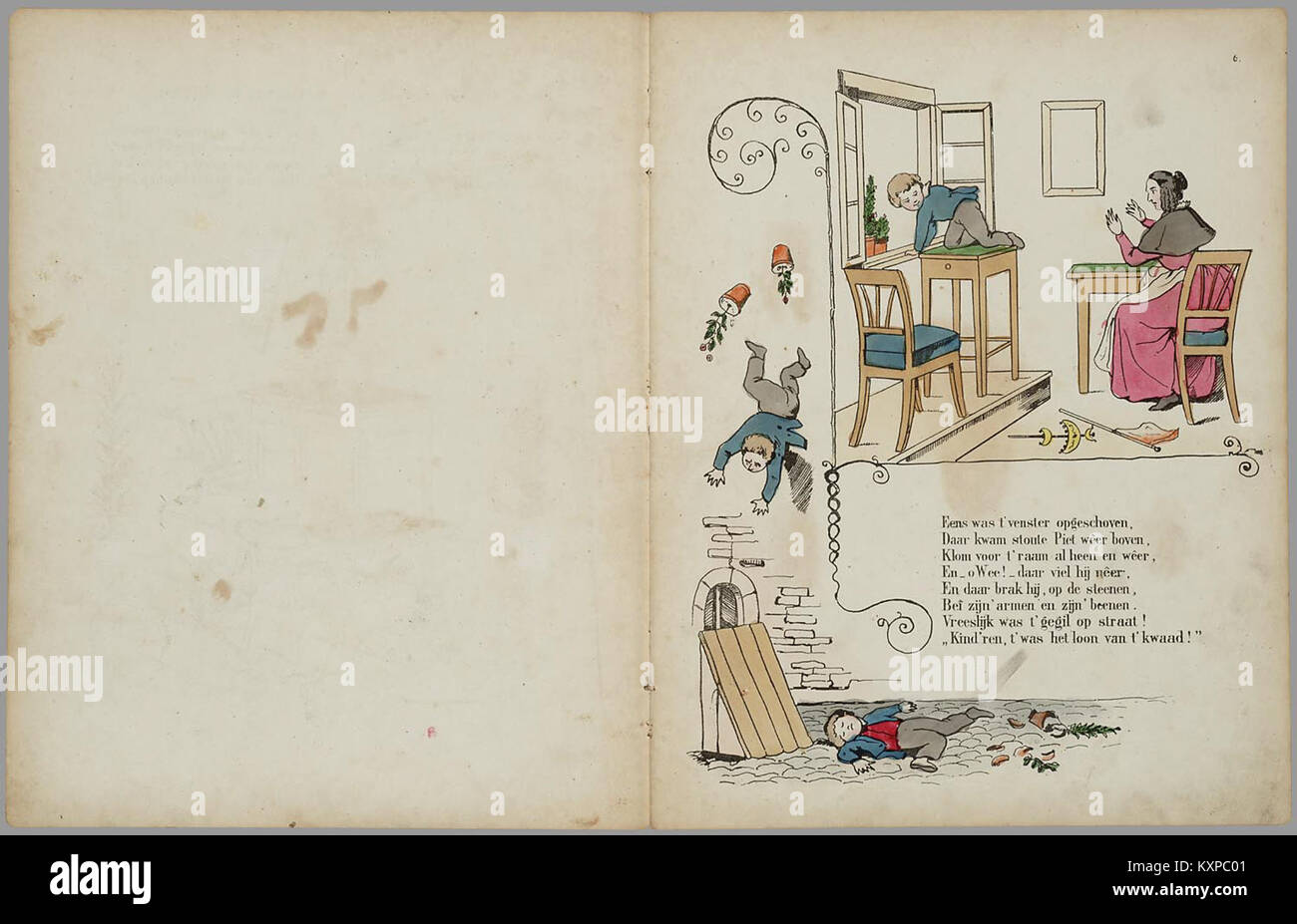 Un livre illustré néerlandais intitulé *een nieuw aardig prentenboek*, une suite de *Der Struwwelpeter*, perpétuant la tradition de narration morale dans la littérature européenne pour enfants. Banque D'Images