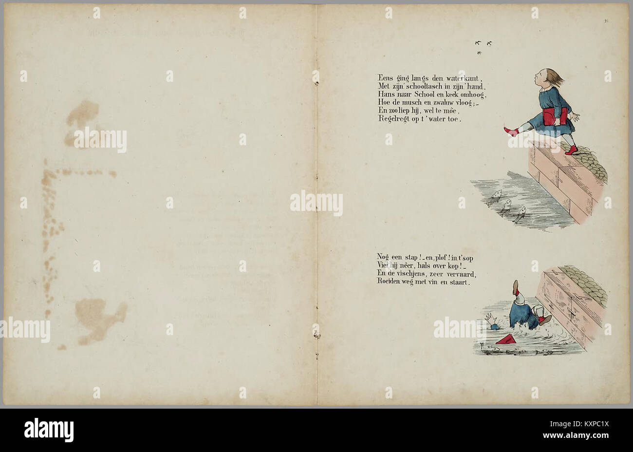 Livre illustré pour enfants intitulé 'een nieuw aardig prentenboek', une suite de 'Der Struwwelpeter', avec des contes moraux et des illustrations de personnages. Banque D'Images