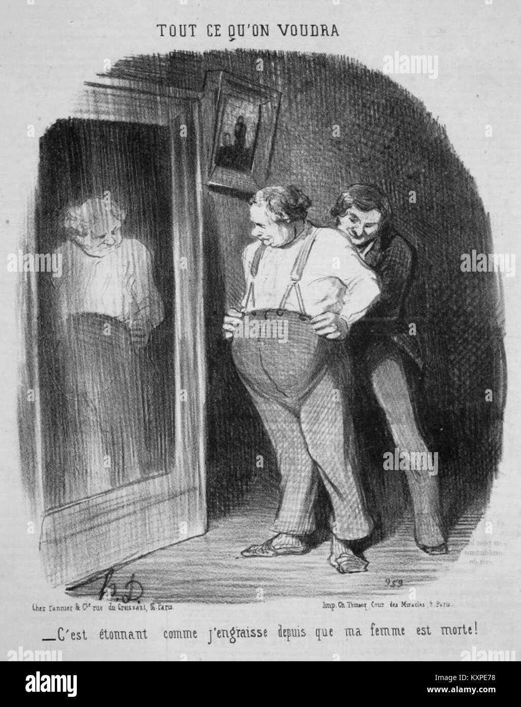 Lithographie d'Honoré Daumier intitulée « It Is Amazing How Fat I have Because My Wife Death », conservée au Brooklyn Museum, représentant un commentaire social satirique. Banque D'Images
