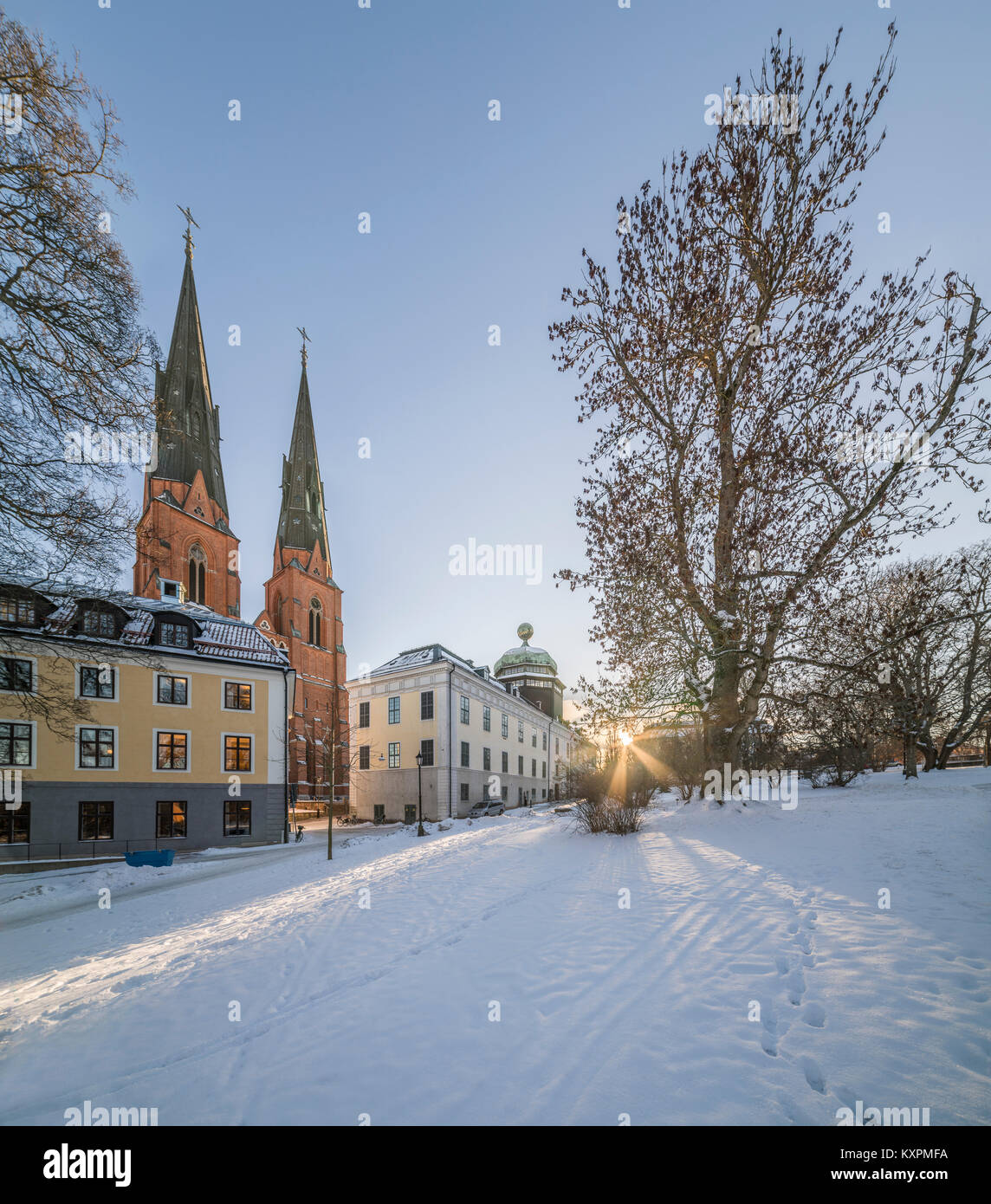 Gustavianum et la cathédrale (Domkyrkan) à l'université avec snow park int l'hiver. Uppsala, Suède, Scandinavie Banque D'Images