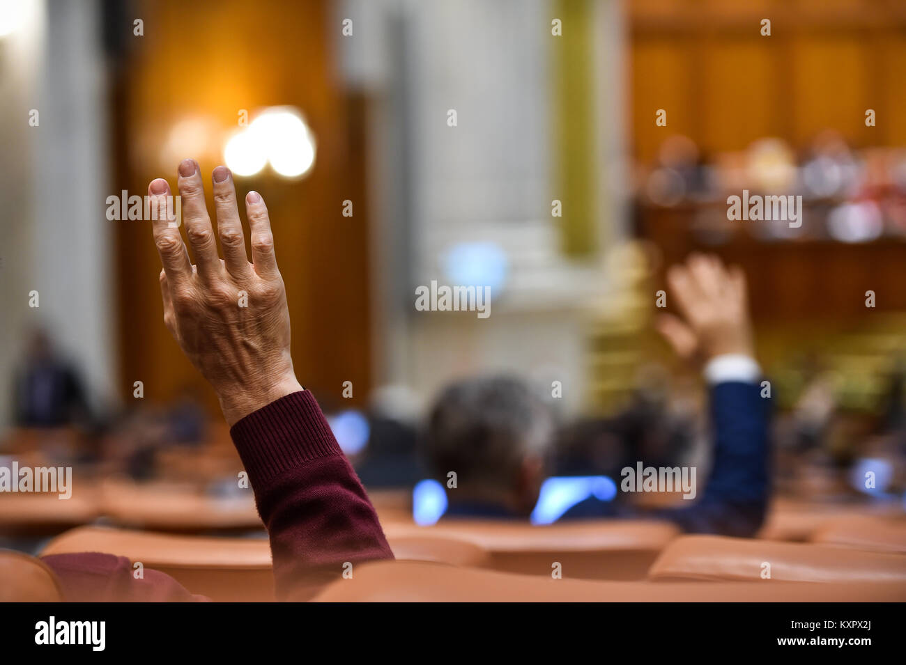 Main d'un homme élevé dans l'air pendant une procédure de vote Banque D'Images