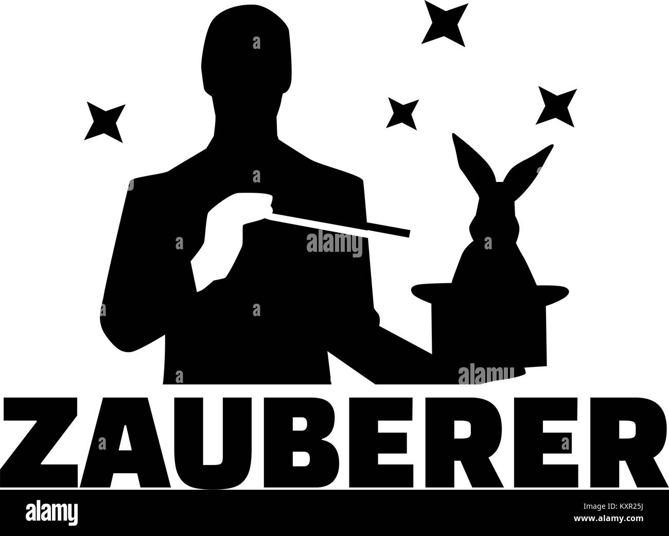 Silhouette d'un magicien fait un tour de magie avec bunny et sa baguette et en allemand titre de l'offre Illustration de Vecteur