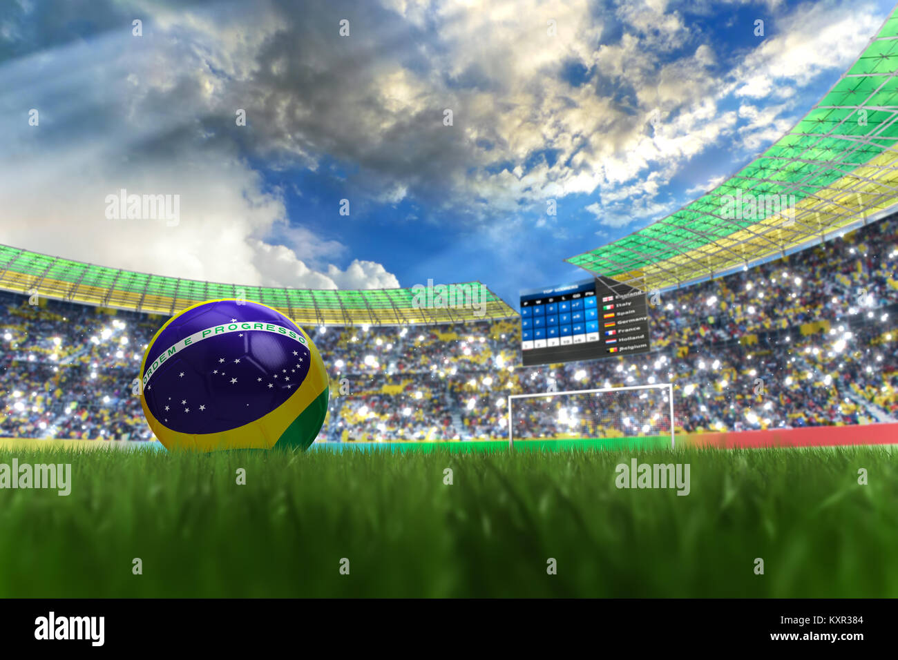 Le rendu 3D de ballons en l'an 2014 dans un stade de football Banque D'Images