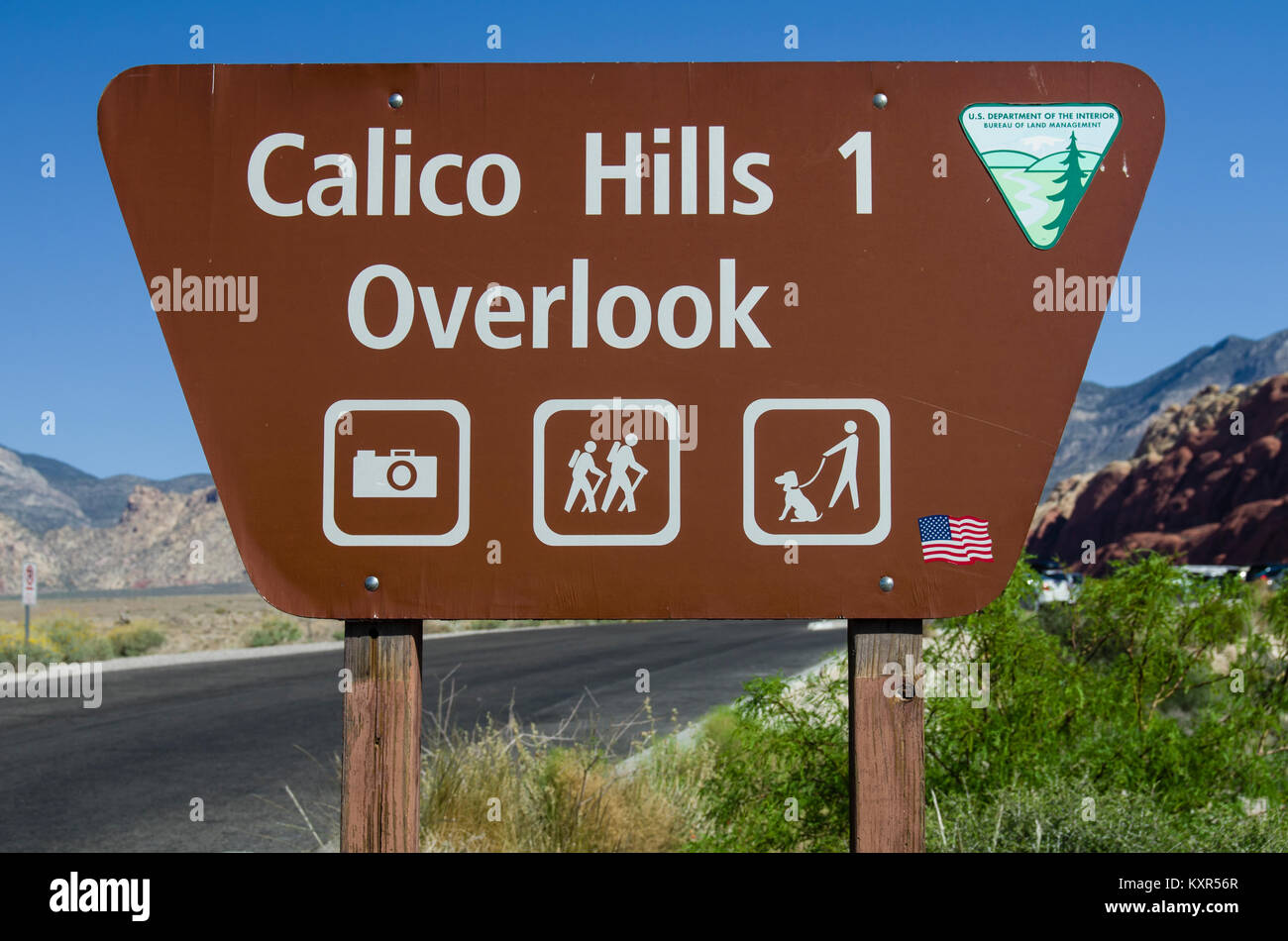 Signalisation routière pour le calicot donnent sur les collines sur la route panoramique dans le Red Rock Canyon. Las Vegas, Nevada Banque D'Images