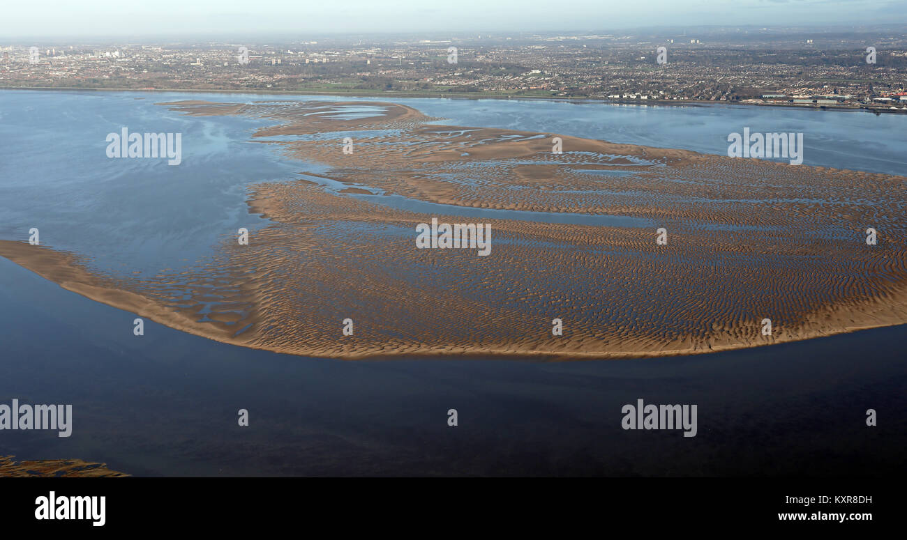 Vue aérienne de vasières dans l'estuaire de la Mersey, près de Liverpool, Royaume-Uni Banque D'Images