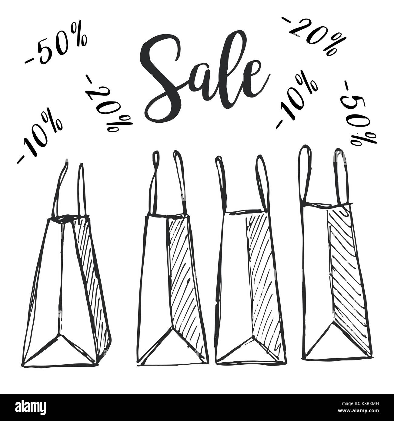 Ensemble de sacs de magasinage isolé sur fond blanc. Vector illustration d'un croquis de style. Inscription la vente. Illustration de Vecteur