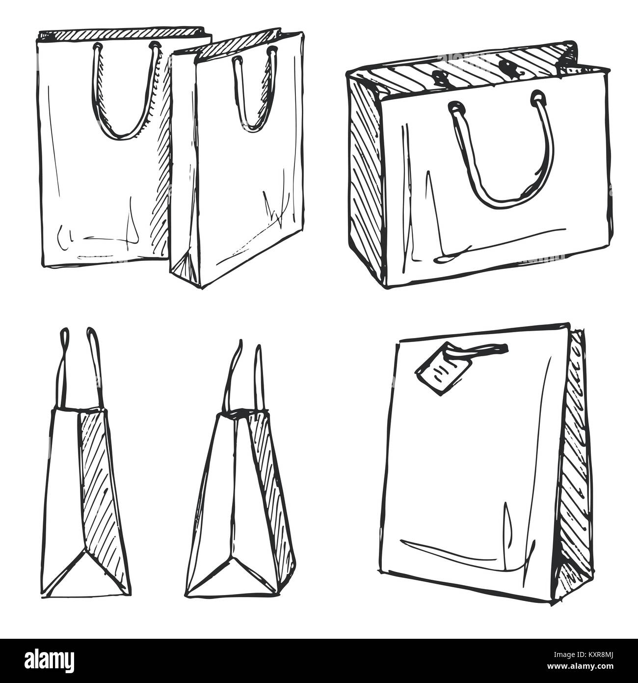 Ensemble de sacs de magasinage isolé sur fond blanc. Vector illustration d'un croquis de style. Illustration de Vecteur