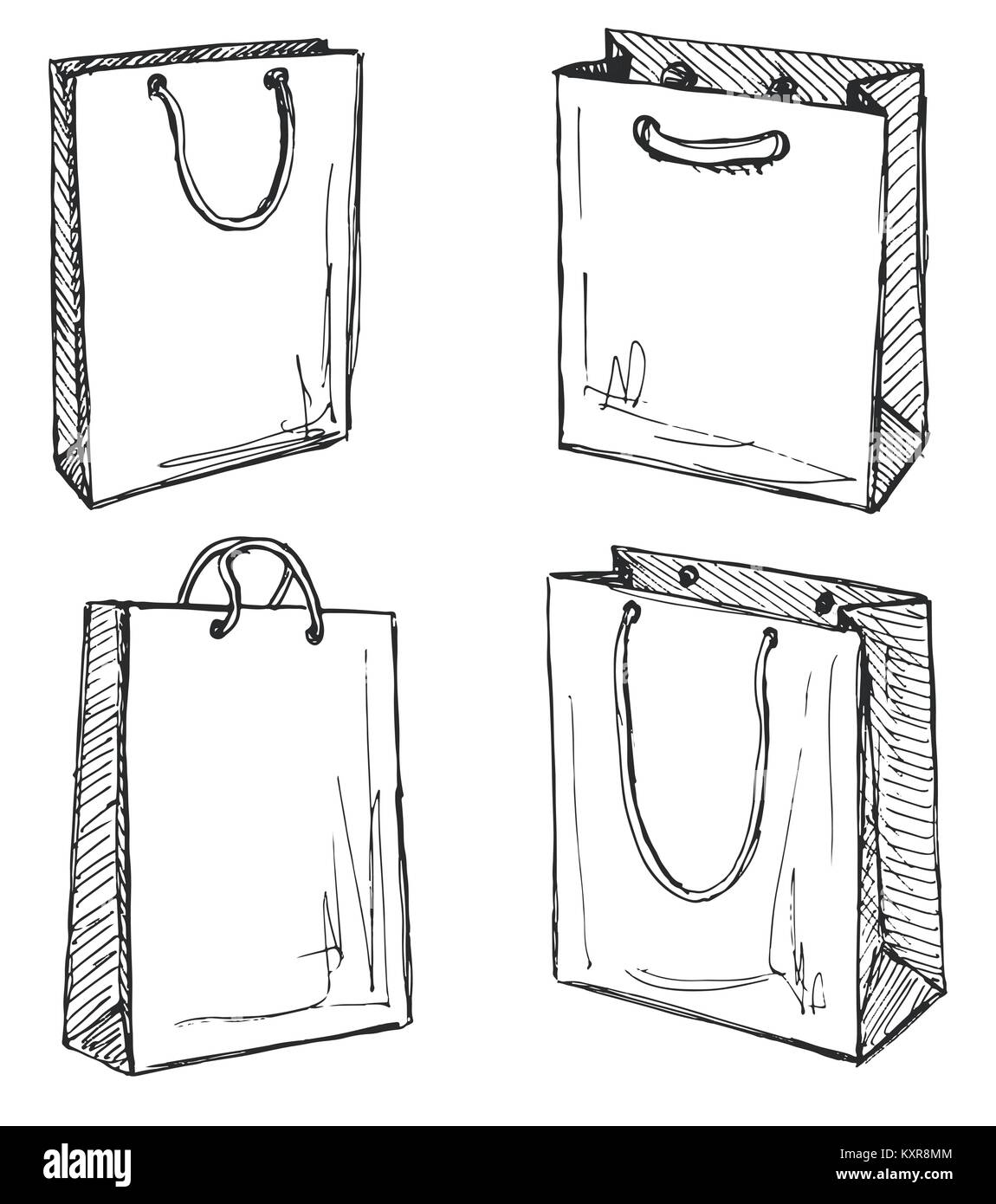 Ensemble de sacs de magasinage isolé sur fond blanc. Vector illustration d'un croquis de style. Illustration de Vecteur