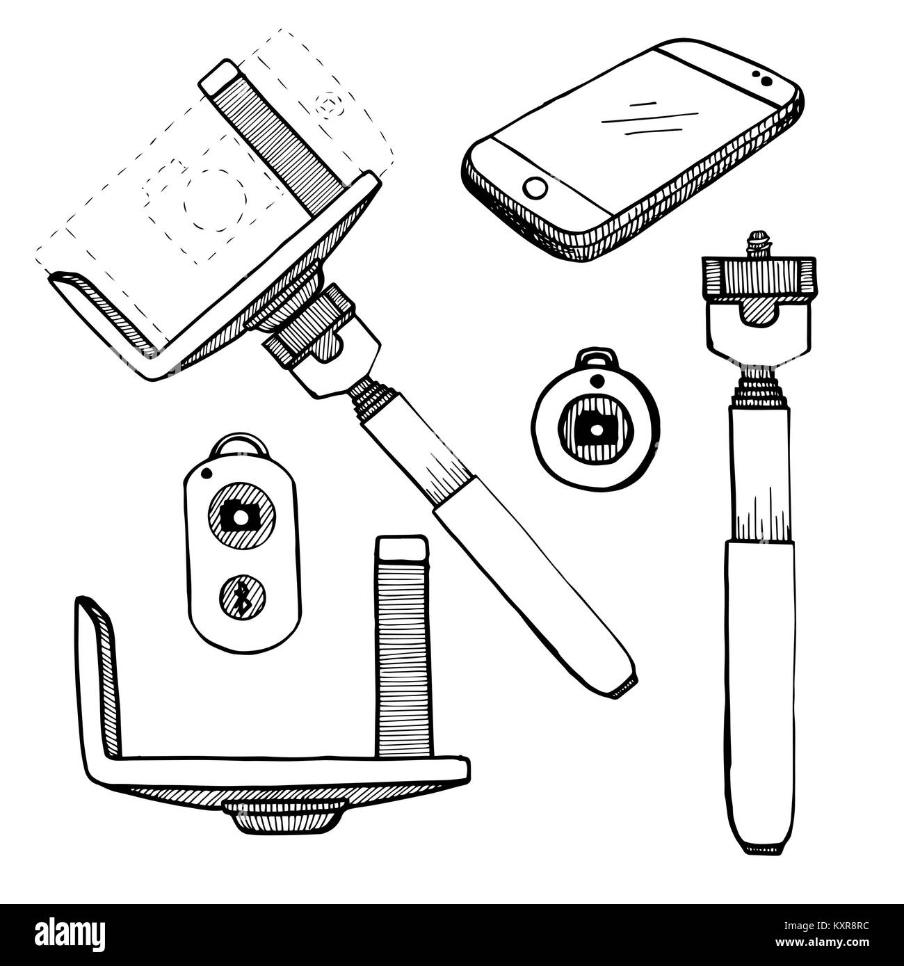 Pour définir. selfies Monopode, téléphone, télécommande bluetooth.Vector illustration dans un style croquis. Illustration de Vecteur