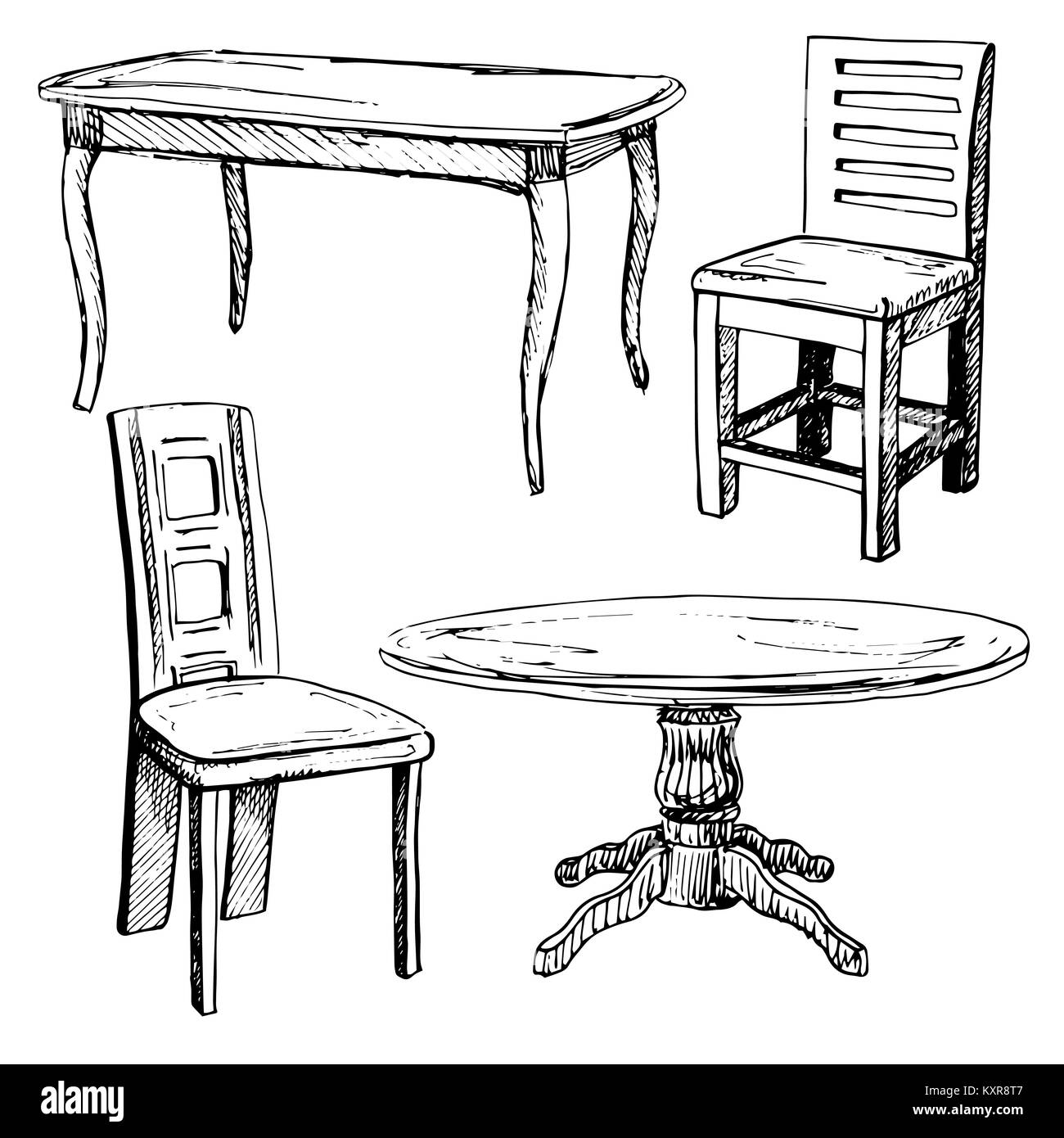 Jeu de croquis meubles isolés. Différentes chaises de bureau et d'un bureau. Meubles noirs linéaire sur un fond blanc. Vector illustration. Illustration de Vecteur