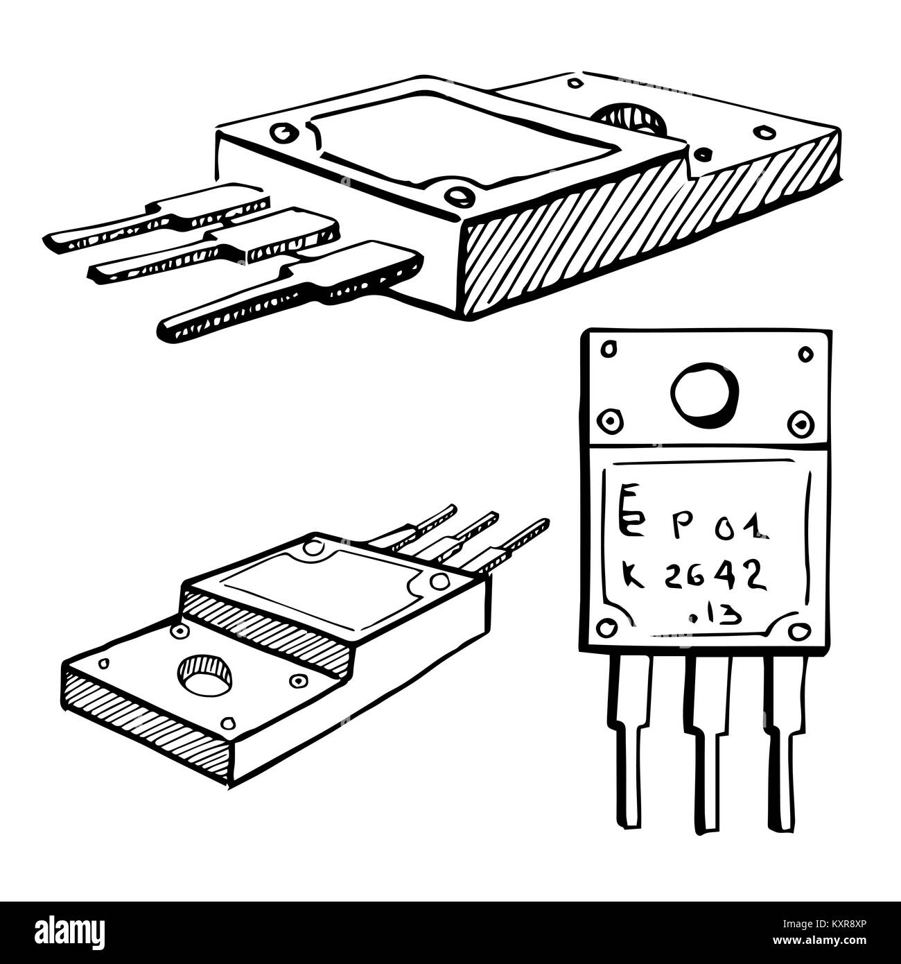 Transistors isolé sur fond blanc. Vector illustration dans un style croquis. Illustration de Vecteur