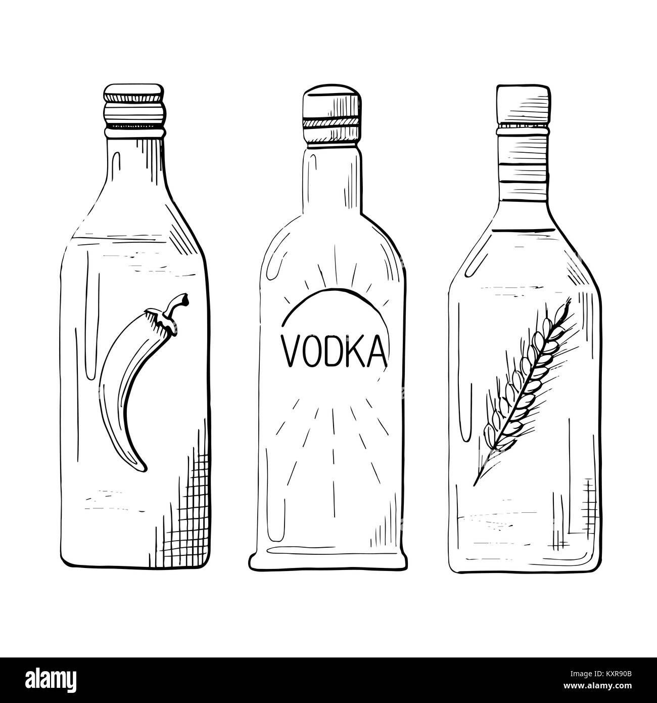 Sketch trois bouteilles de vodka. Le poivre, classique et le blé. Vector illustration. Illustration de Vecteur