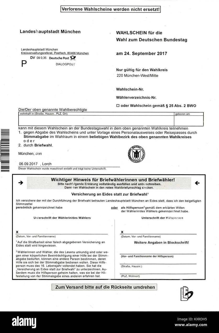 Un certificat officiel allemand d'élection du Bundestag (Wahlschein) pour la circonscription 220, utilisé pour vérifier l'éligibilité des électeurs et la participation aux élections fédérales. Banque D'Images