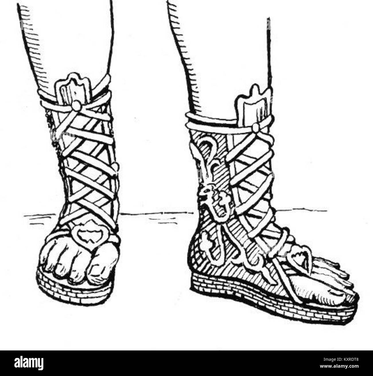Le Buskin est une chaussure douce et plate de la Grèce antique, traditionnellement associée au théâtre. Il a été porté par les acteurs dans des spectacles classiques, symbolisant le lien entre les chaussures et les arts dramatiques dans la culture antique. Banque D'Images