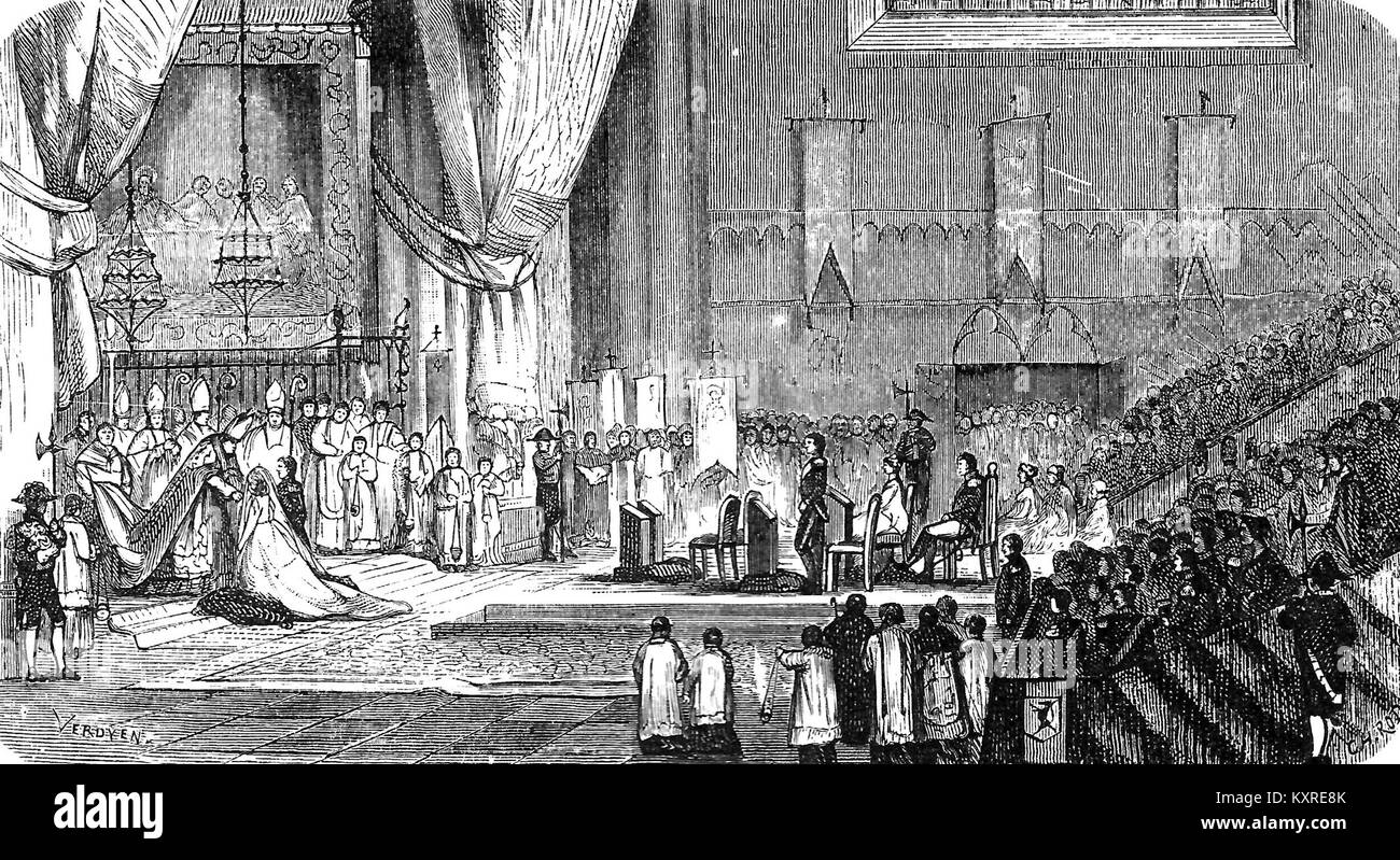 Cérémonie de mariage du futur roi Léopold II de Belgique et de Marie-Henriette d'Autriche le 22 août 1853 à la cathédrale de Bruxelles. Banque D'Images
