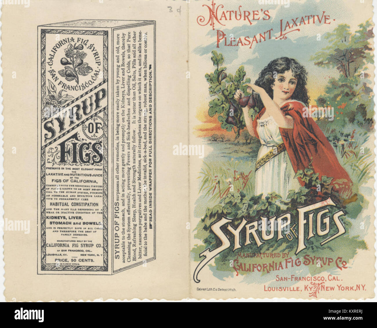 Une image d'archive d'un produit de la California Fig Syrup Company, connue pour produire des laxatifs naturels à partir de figues et de séné. La société a contribué au début du commerce pharmaceutique aux États-Unis. Banque D'Images
