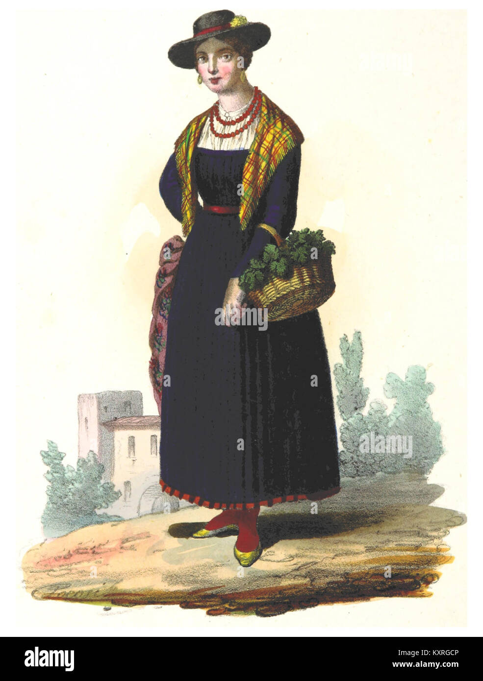 Planche 15 de la Dalmazia descritta (1846) de Francesco Carrara montrant une paysanne de Lombarda en Dalmatie en costume traditionnel. Banque D'Images