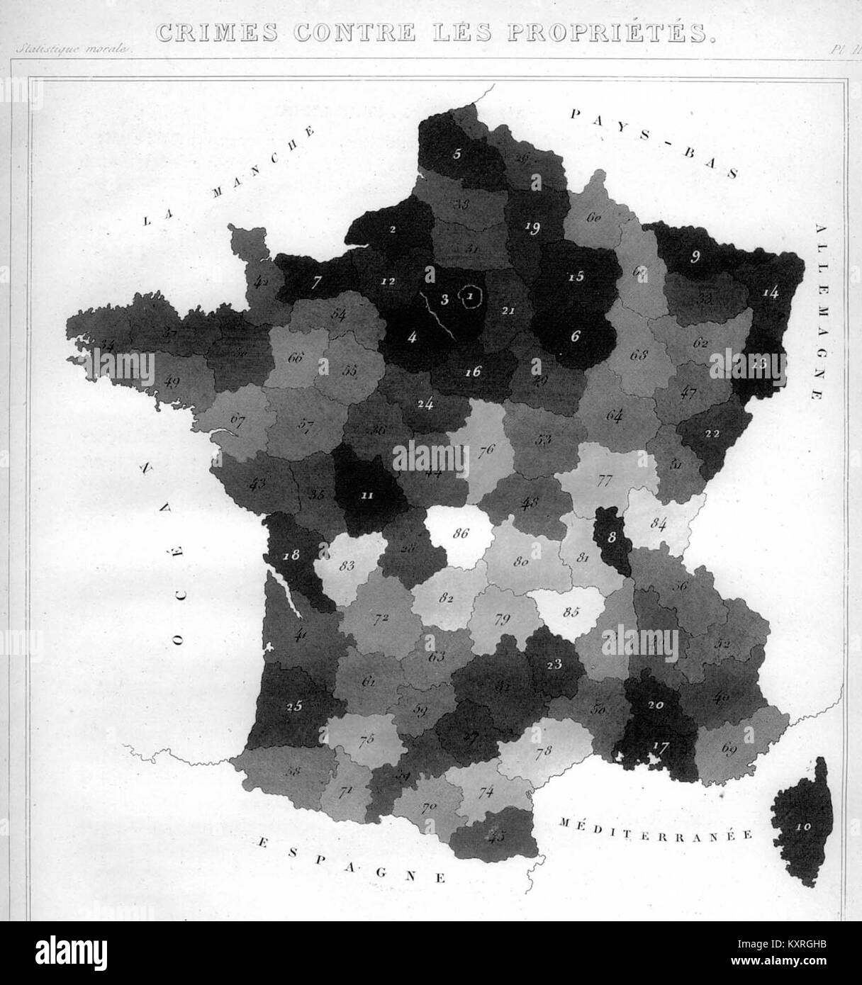 Carte de France montrant les crimes contre la propriété, présentant des données statistiques sur le vol et les infractions connexes au XIXe siècle. Banque D'Images