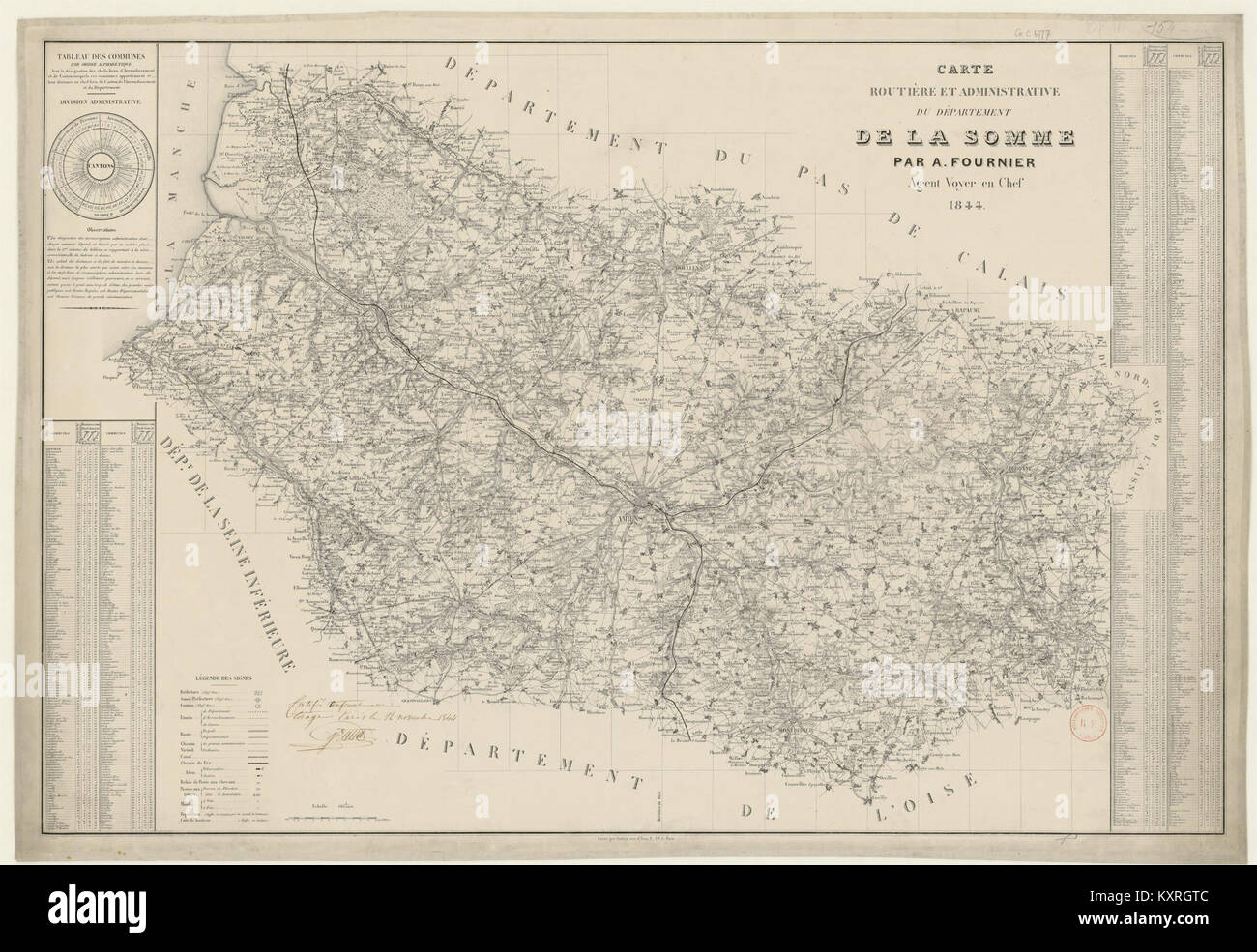 Carte routière et administrative du département français de la somme de 1844, détaillant les routes, les communes et les limites administratives du nord de la France. Banque D'Images