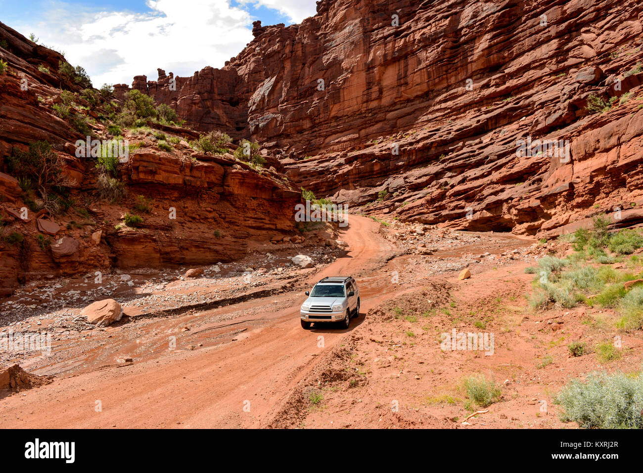 Desert Canyon Road - Un véhicule SUV 4X4 est de passage sur un ruisseau de printemps sur un chemin dans un canyon escarpé près de Colorado River Scenic Byway, Moab, Utah. Banque D'Images