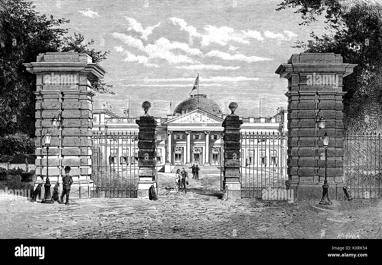 Le Château Royal de Laeken en Belgique est représenté tel qu'il apparaissait en 1880, illustrant la résidence royale et ses terrains environnants. Banque D'Images