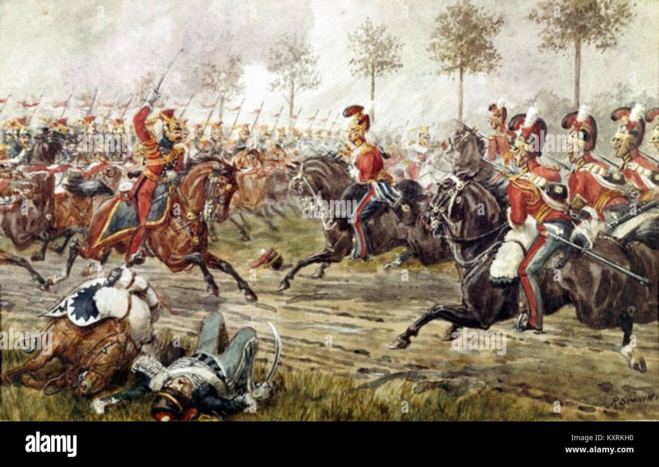 Les œuvres de Richard Simkin représentent la charge des 1st Life Guards lors de la bataille de Genappe pendant la bataille de Waterloo en 1815. La peinture capture la charge de cavalerie, montrant l'engagement militaire et l'héroïsme des forces britanniques pendant les guerres napoléoniennes. Banque D'Images