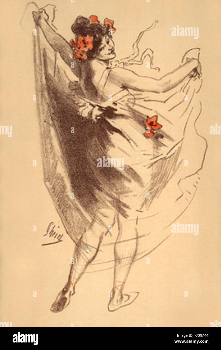 La lithographie « Dance » de Jules Chéret en 1899 capture le mouvement dynamique et les couleurs vives, reflétant la maîtrise de l’art de l’affiche belle époque par l’artiste et sa contribution à la culture visuelle moderne. Banque D'Images