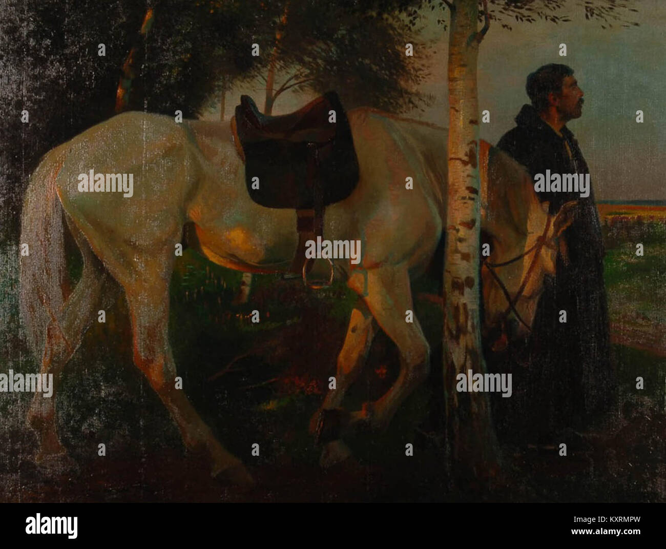 Une peinture de Christian Speyer intitulée « cheval ssellé baigné dans le soleil du soir », représentant un homme conduisant un cheval au coucher du soleil, soulignant l'harmonie entre l'homme et l'animal dans un paysage paisible. Banque D'Images