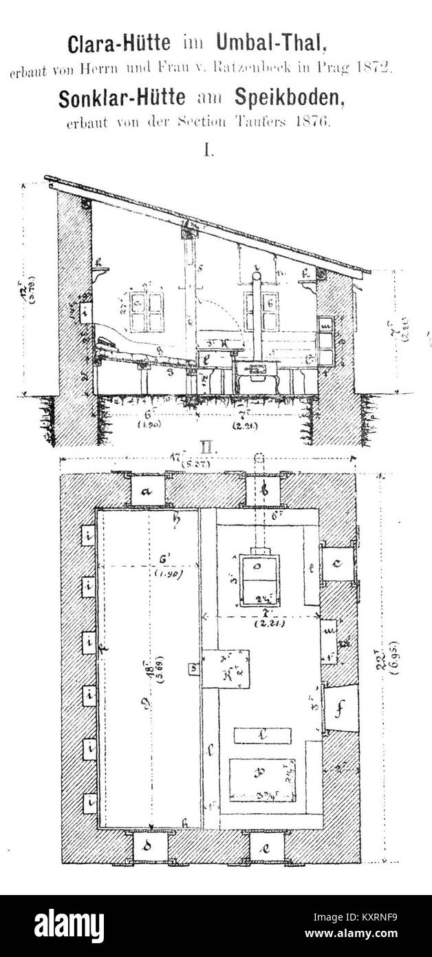Un dessin de 1877 représentant les cabanes Clara et Sonklar situées dans les Alpes autrichiennes, illustrant l'architecture alpine et la conception des refuges de montagne du XIXe siècle. Banque D'Images