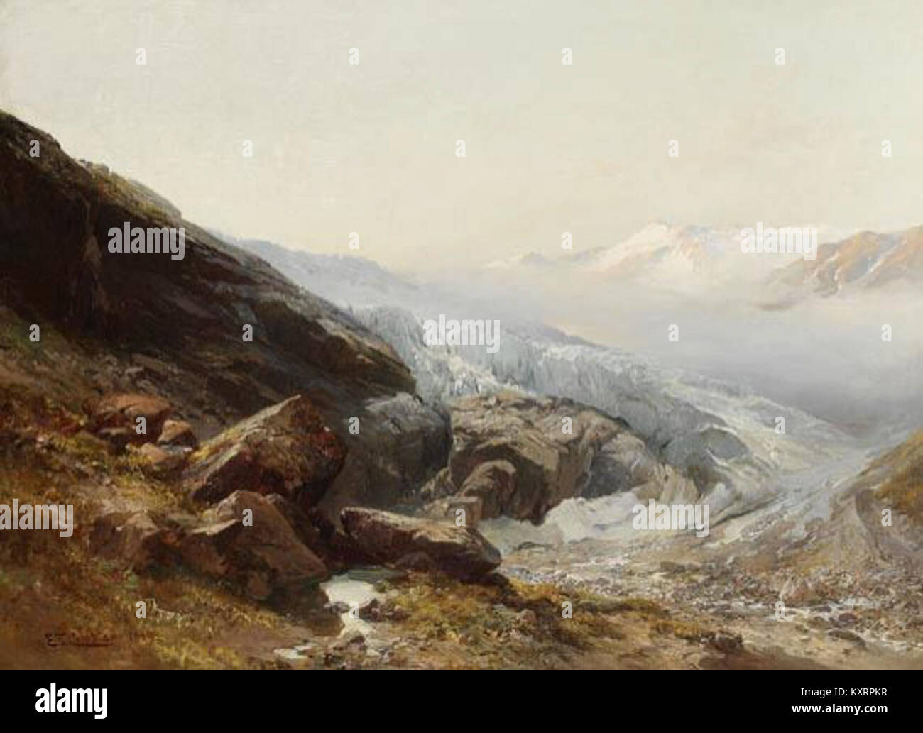 Peinture d'Edward Theodore Compton de 1889 représentant le glacier Pasterze du Großglockner à la lumière du matin, mettant en valeur la beauté naturelle du paysage alpin. Banque D'Images