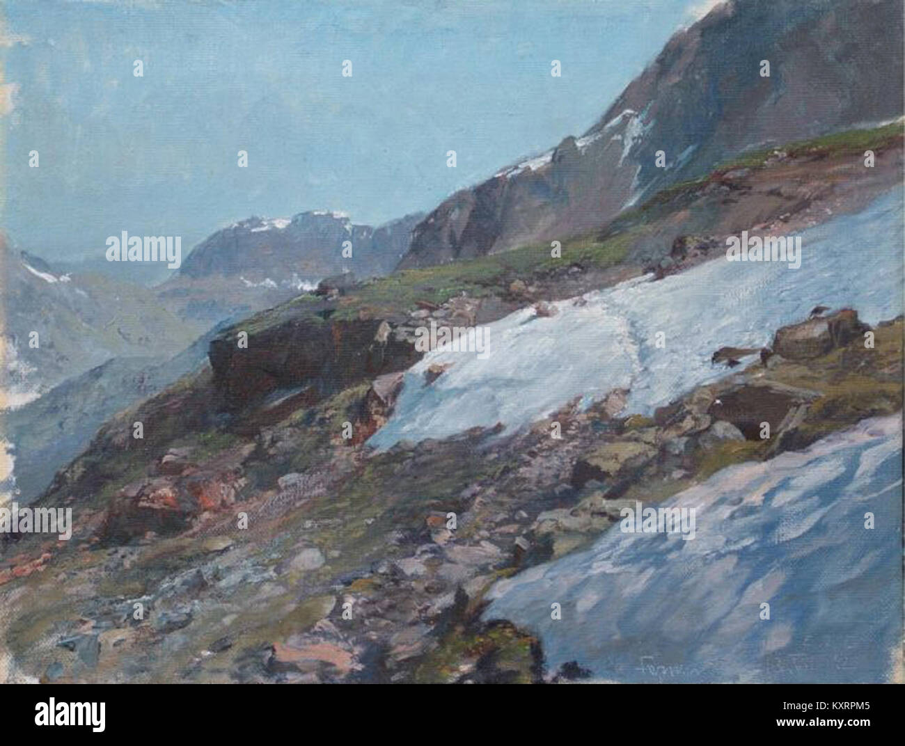 Photographie prise par Edward Theodore Compton en 1912 montrant un paysage montagneux, capturant le paysage alpin et les formations naturelles typiques de son travail topographique. Banque D'Images